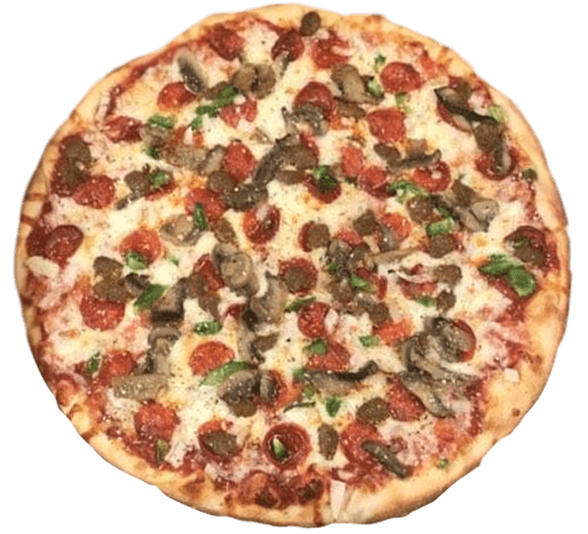 Pizza with sliced tomatoes and mushrooms