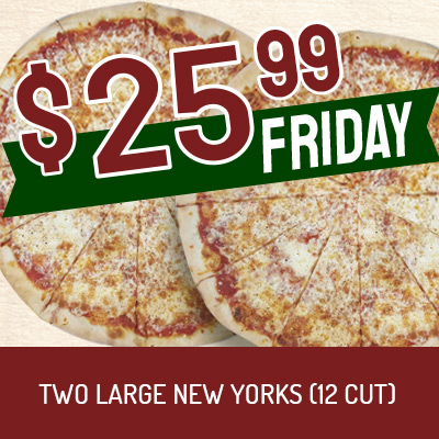 Two Large New York pizzas from Pizza Mans Pizza on Fridays.