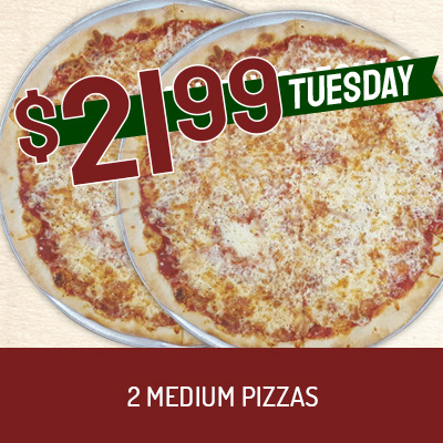 Tuesday special at Pizza Man's Pizza 2 medium pizzas for 21.99